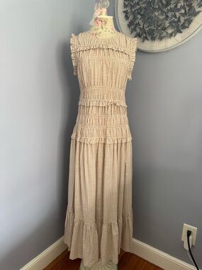 Caroline Constas Beige Gingham Ruffle Maxi Dress